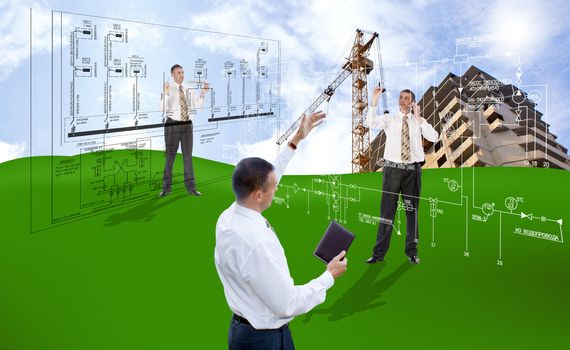 Innovative engineering building designing on a green field under the blue sky