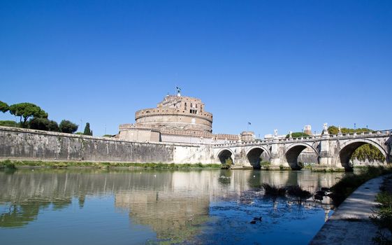 St Angel Castle and bridge, seen from one bank of the Tiber   Rome Italy