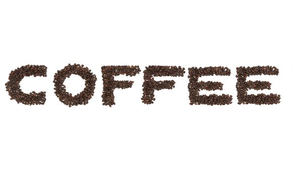 The word coffe written with coffee beans