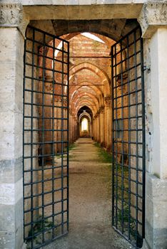 The ancient entrance of the San Galgano abbey in Tuscany