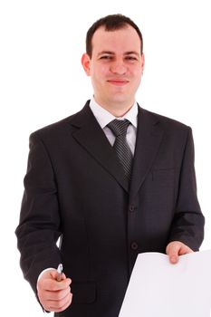 smiling businessman offer sign paper, white background