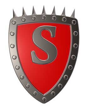 metal shield with letter s on white background - 3d illustration