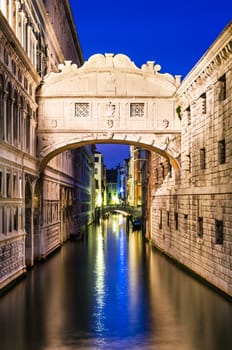 Bridge of Sighs (italian Ponte dei Sospiri) in Venice, illuminated in the night. Italy landmark.