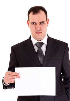 angry businessman show paper, white background