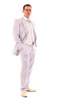 young man in wedding suit isolated on white background