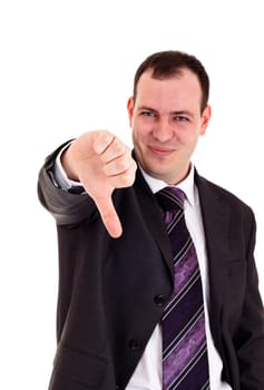 businessman gesturing thumbs down, white background
