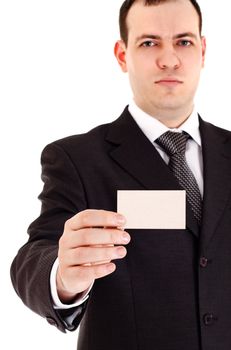 businessman show blank card, white background