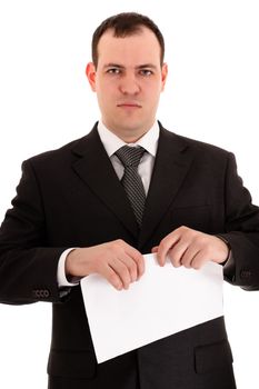 businessman ready tear paper, white background