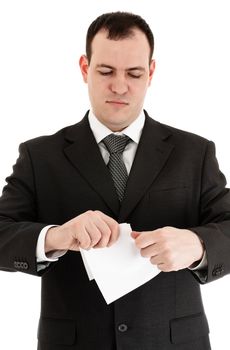 businessman tear paper, white background