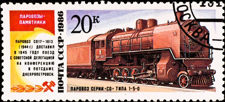 USSR - CIRCA 1986: postage stamp shows vintage russian train, circa 1986