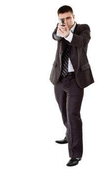 gunman ready to shoot, white background