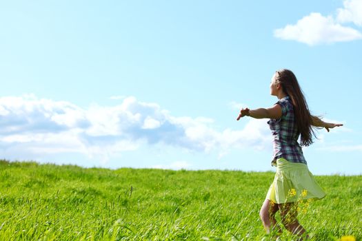 summer woman fly in blue sky