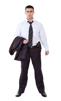 young man in black suit with gun on belt