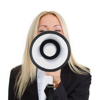 businesswoman with megaphone studio isolated