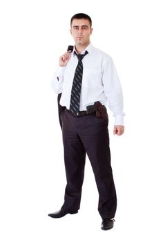 young man in black suit with gun on belt