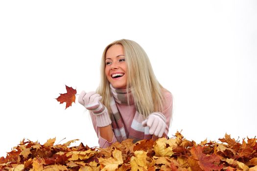  studio portrait of autumn woman in  yellow leaves