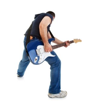 rocker playing guitar, white background