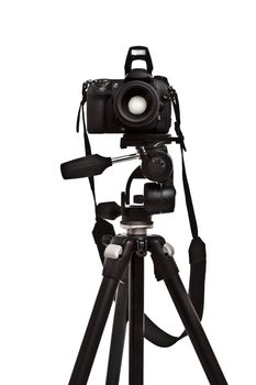 photo camera on tripod, white background