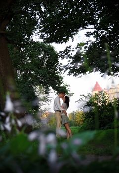 kissing couple in the park, view from branches