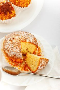 sweet cake on white dish, top view