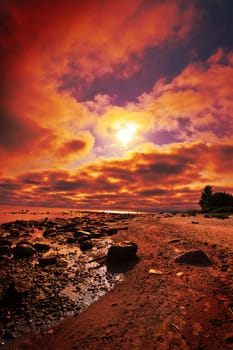 crimson sunset on a beach