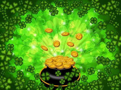 St Patricks Day Pot of Gold on Four Leaf Clover Shamrock with Blurred Background