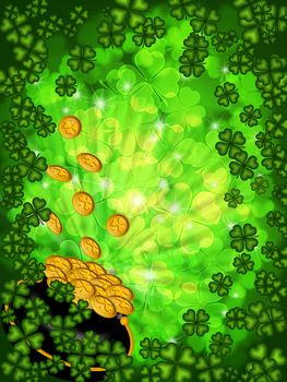 St Patricks Day Pot of Gold on Four Leaf Clover Shamrock with Blurred Background Vertical