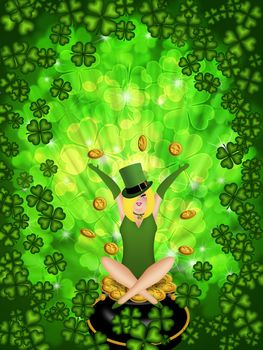 St Patricks Day Girl Leprechaun on Four Leaf Clover Shamrock with Blurred Background