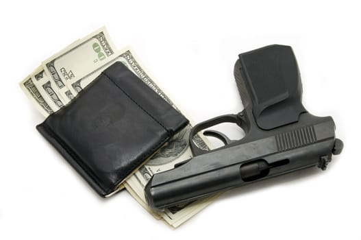 money in dollars in purse and a gun on a white
