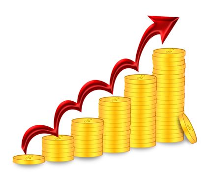 Stacks of Gold Coins Bullion  with Red Arrow Depicting Price Value Going Up Illustration
