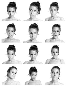 young woman face expressions composite black and white isolated.