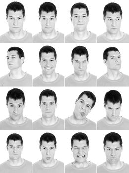 Adult man face expressions composite composite black and white isolated.