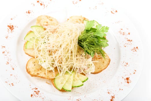 Tasty Salad  dish with dried crust, vegetables, greens and cheese on a white background