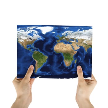 Hand holding a world paper map isolated on a white