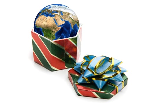 one open gift box with earth isolated on a white background
