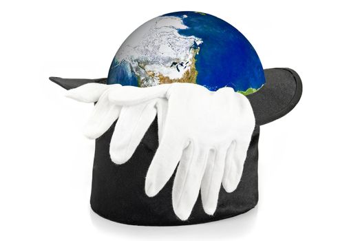 Black magic hat and white gloves with earth isolated on a white background