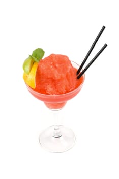 Fresh cocktail with watermelon, lemon and mint isolated on white background,