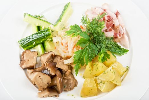 potato, fat and vegetables at white plate