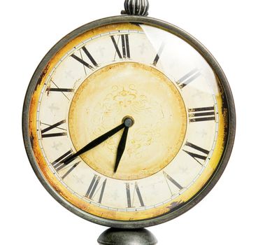 old vintage clock closeup isolated on a white background