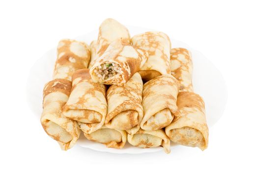 a pancakes with meat and rice on a white