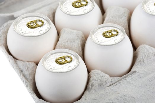 Eggs as aluminum can at the box isolated on a white background