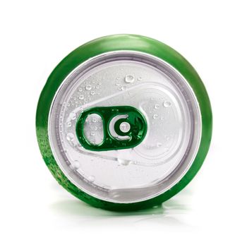 Green aluminum can closeup with water drops on a white