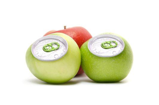 ripe apples with metallic can isolated on white background