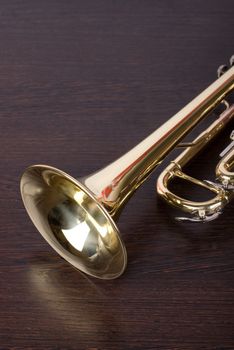 trumpet closeup on brown wooden background