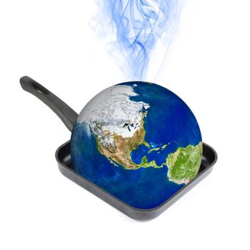 Global warming concept. Earth at the frying pan isolated on white