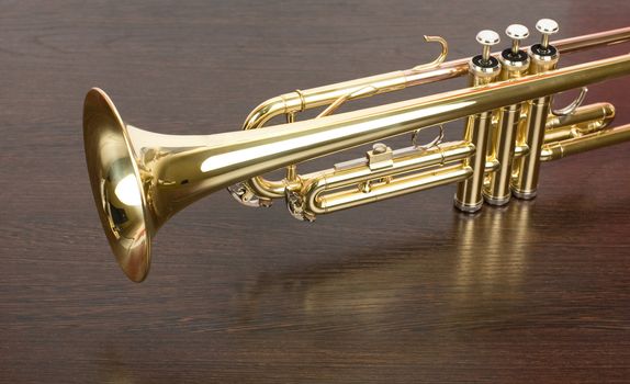 trumpet closeup on brown wooden background