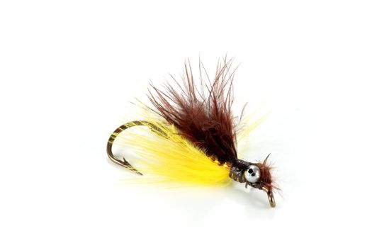 lure fishing for brown and yellow colors on white background horizontal