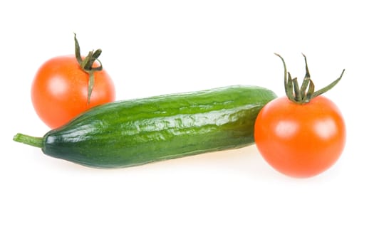 Two Ripe Tomatoes and Cucumber Isolated on White Background