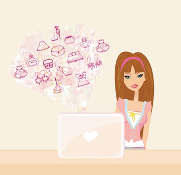 Online shopping - young smiling woman sitting with laptop computer