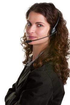 Corporate woman talking over her headset, isolated in a white background